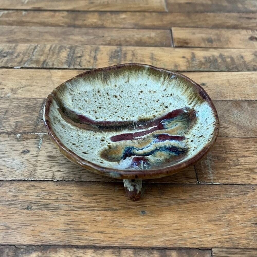 Studio Pottery Stoneware Footed Jewelry Dish Bowl 4.5 in Round Brown Speckled